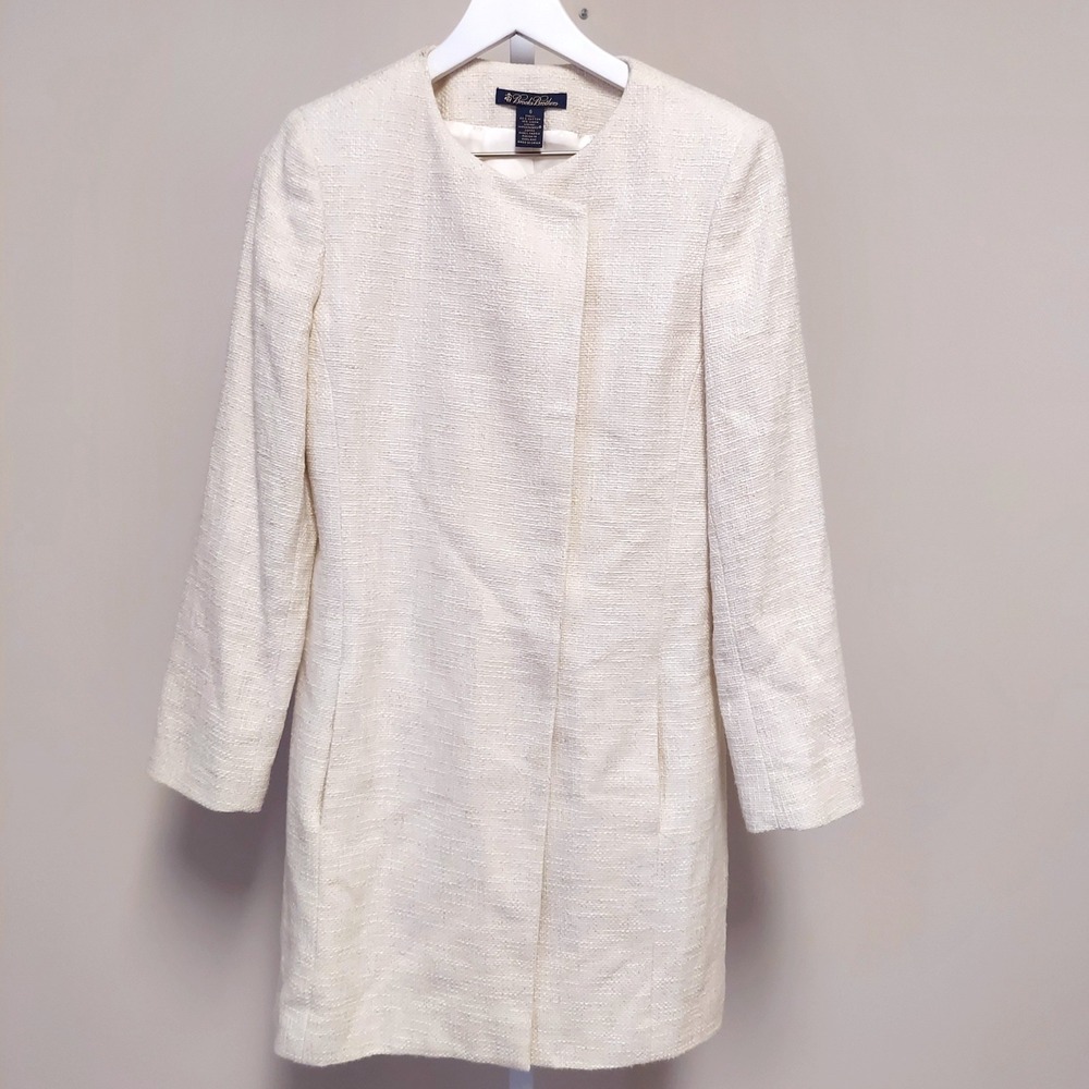 Brooks Brothers 6 Cream Cotton Linen Blend Boucle Tweed Collarless Longline Coat